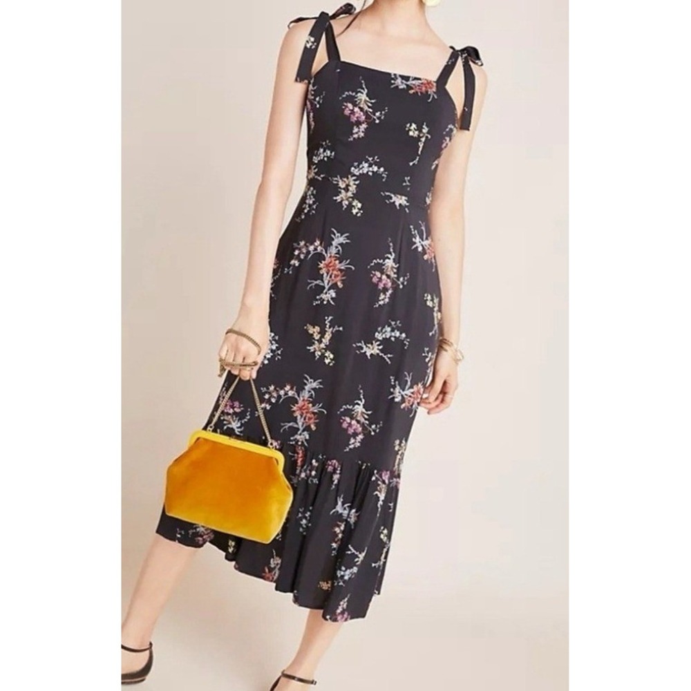 PAIGE Floral Tie Shoulder Midi Dress Black Smocked Back Ruffle Hem Large - Picture 1 of 6